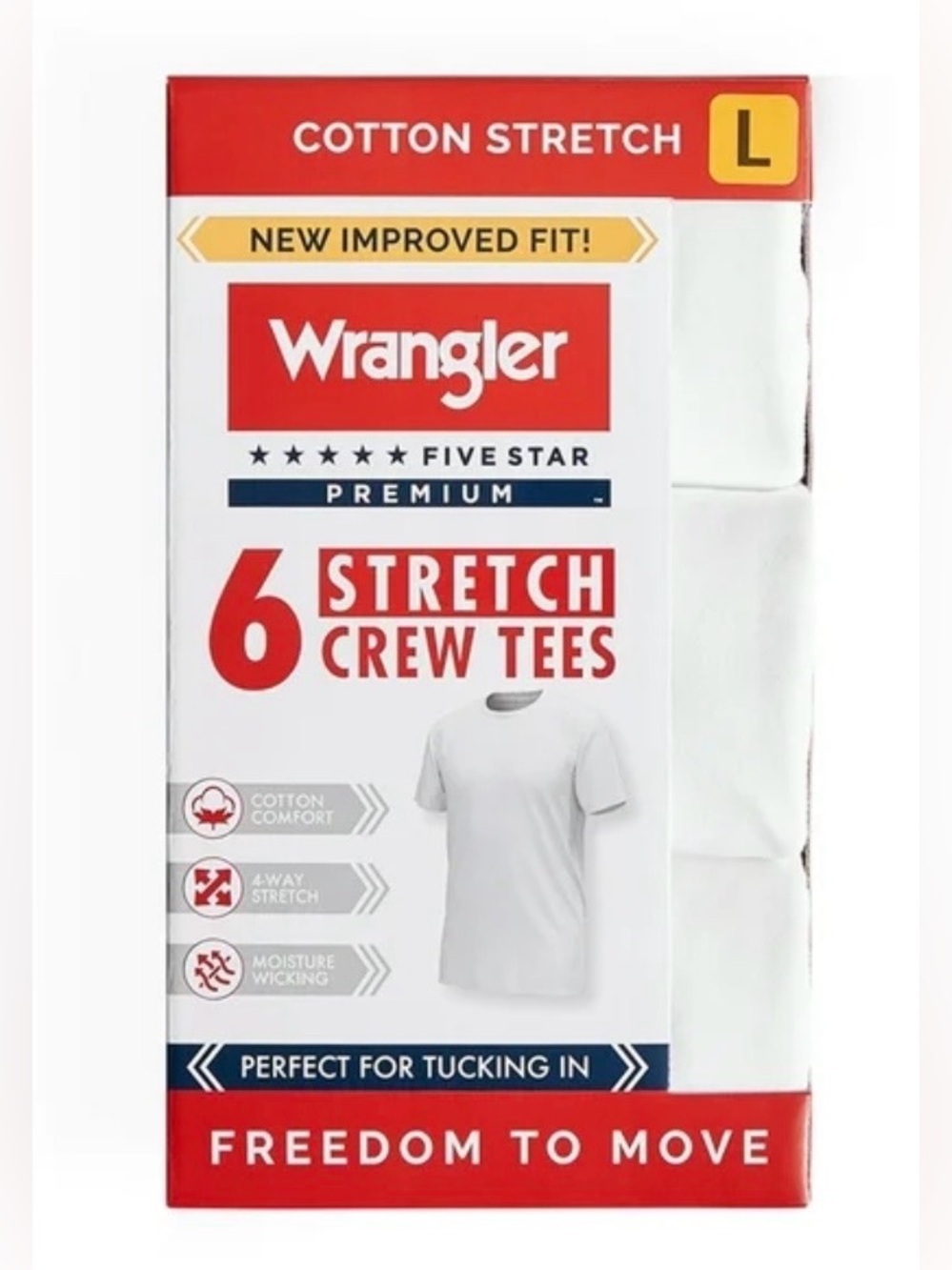 Wrangler Crew Neck Cotton Stretch Soft Undershirts for Men, 6-Pack Size Large